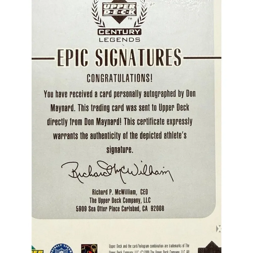 1999 Upper Deck Century Legends Don Maynard Epic Signatures Cut Auto Jets